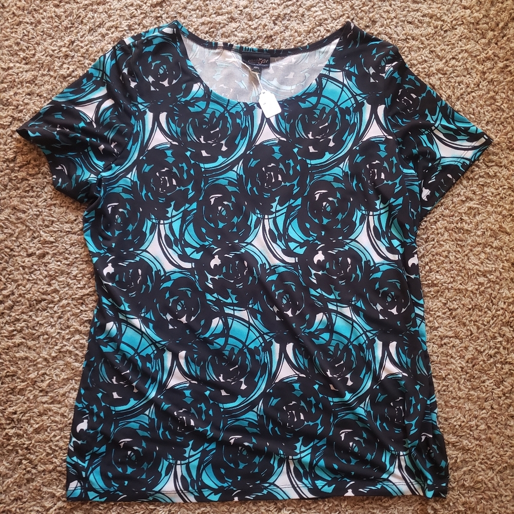 Large blue,black, and white patterned womens shirt